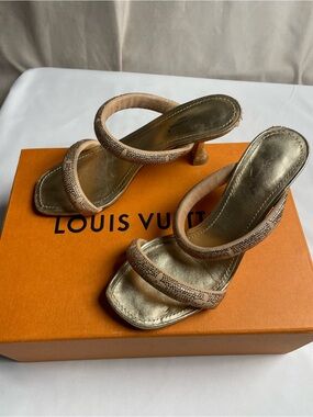 Louis Vuitton Gold Crystal Embellished Heeled Sandals Size 37 / US 7